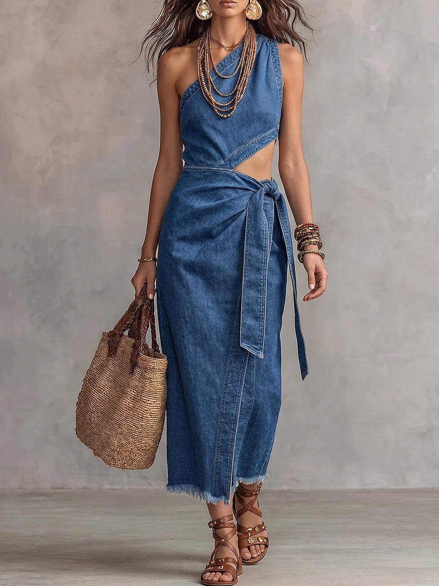 asymmetric denim dress One-Shoulder Tie-Waist Size:us:14 Vintage, early 2000s prom Style # SPO