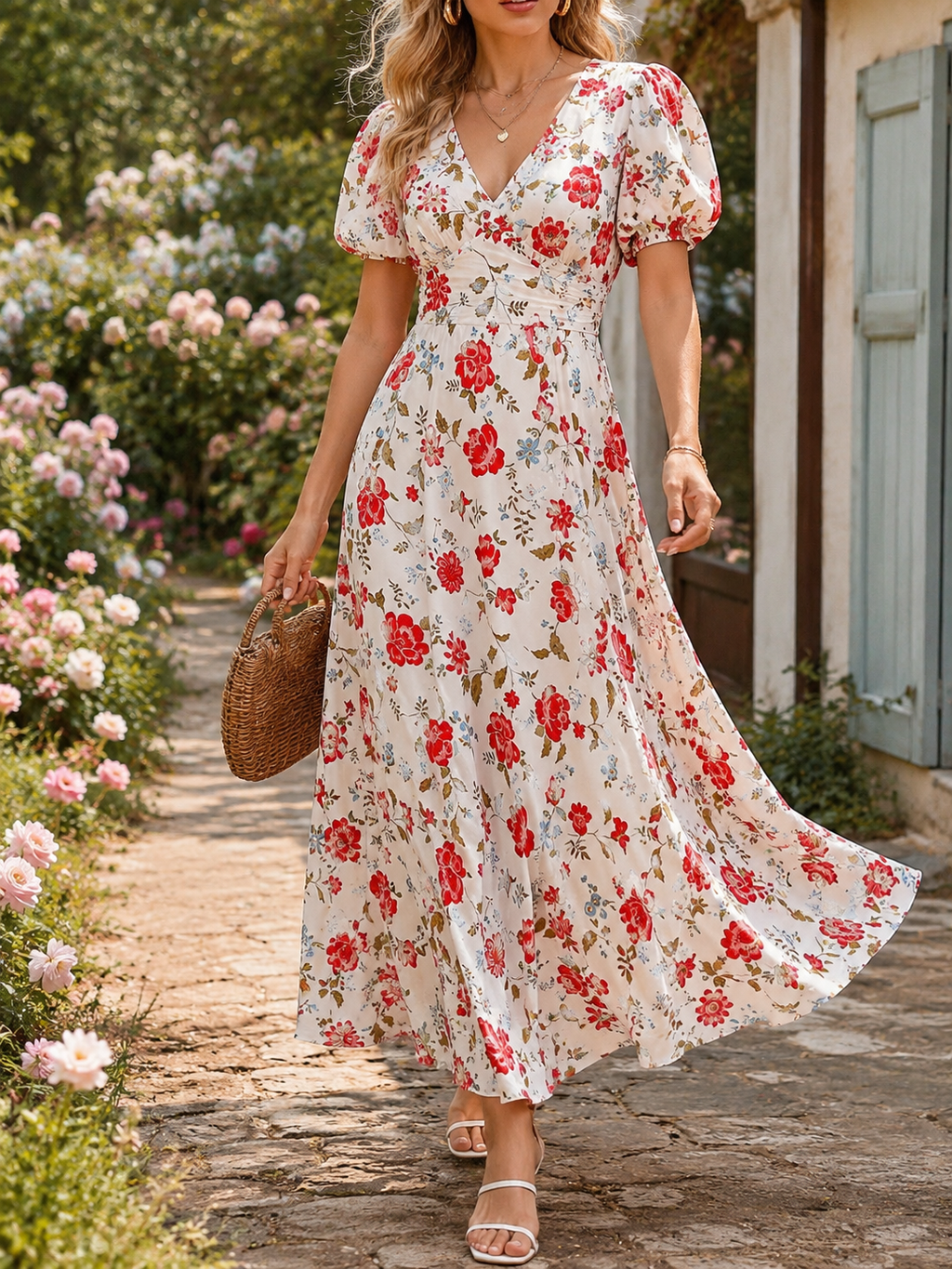 Red Floral V-Neck Puff Sleeve Maxi Dress
