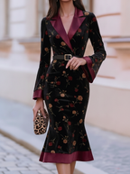 Black Rose Velvet Flare Sleeve Midi Dress