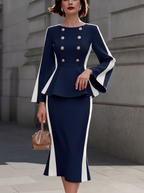 Navy White Double-Breasted Peplum Dress