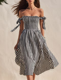 Casual Vacation Off-Shoulder Black White Striped Cotton Midi Dress
