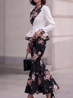 White Floral Lapel Peplum Two-Piece Set