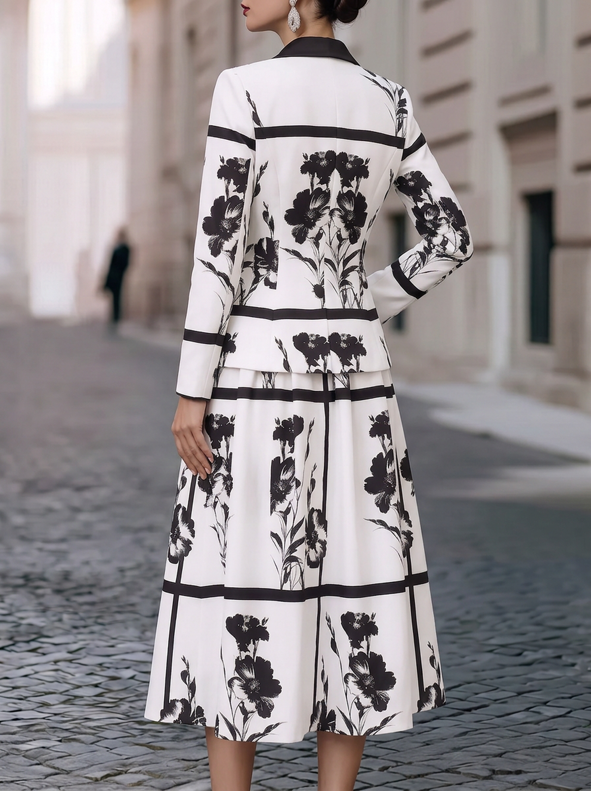 White Black Floral Peplum Skirt Set