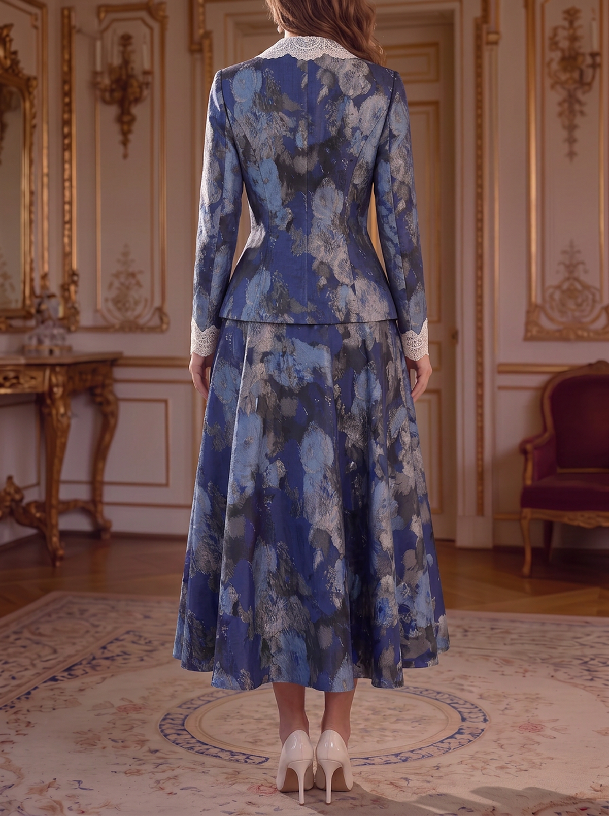 Blue Floral Lace Peplum Suit Set