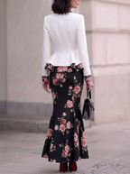 White Floral Lapel Peplum Two-Piece Set
