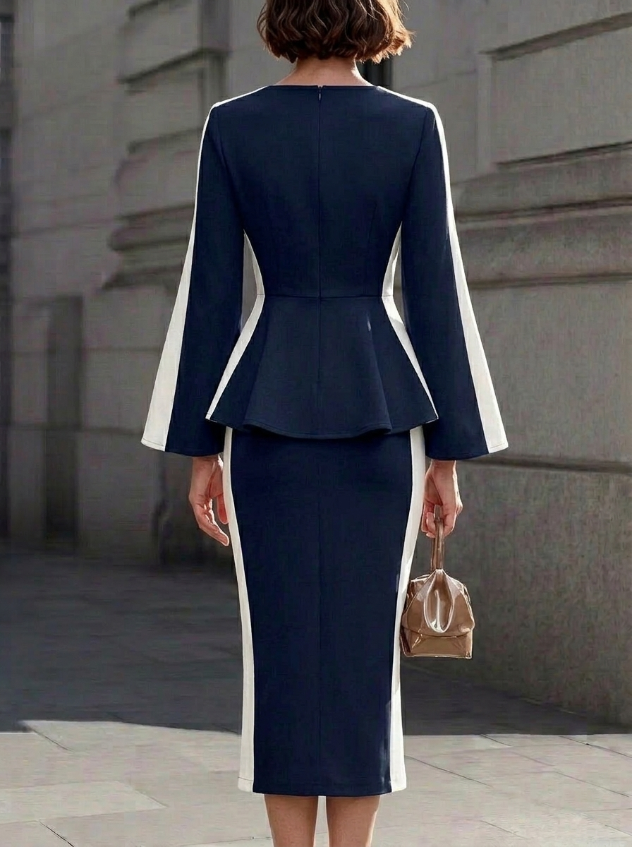 Navy White Double-Breasted Peplum Dress