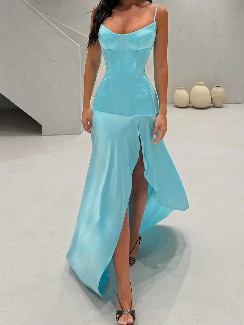 Aqua Blue Corset High-Slit Maxi Dress