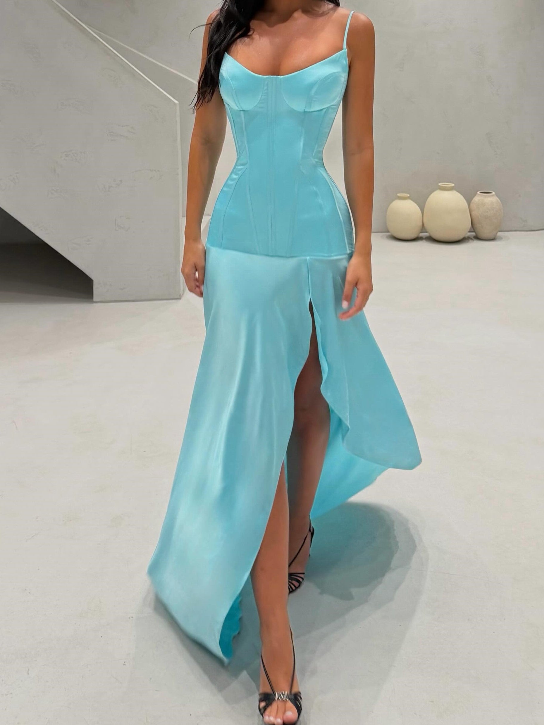 Aqua Blue Corset High-Slit Maxi Dress