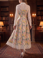 Cream Floral Lace Collar Midi Dress