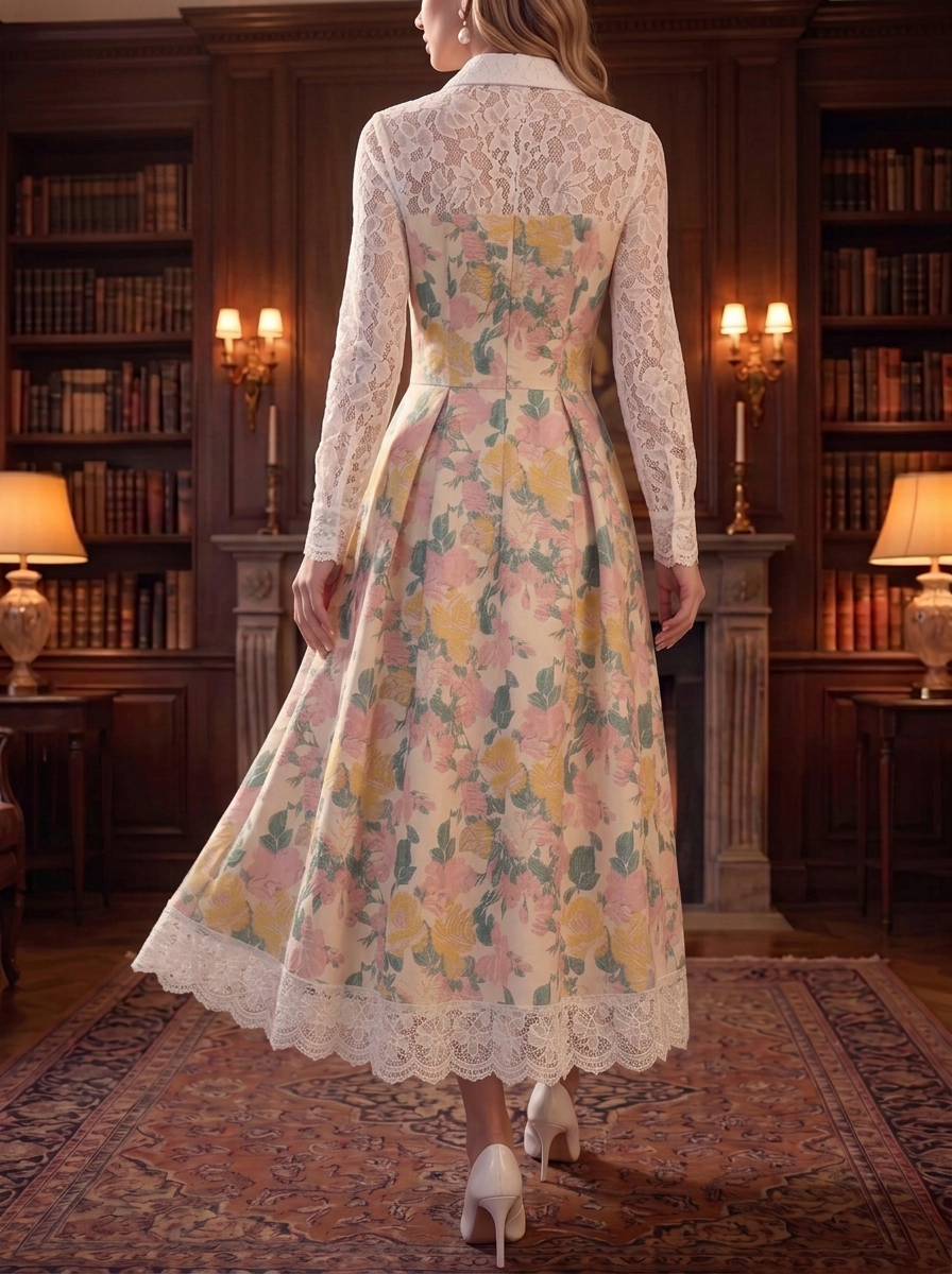 Cream Floral Lace Collar Midi Dress