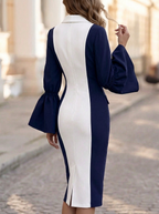 Navy White Wrap Bell Sleeve Dress
