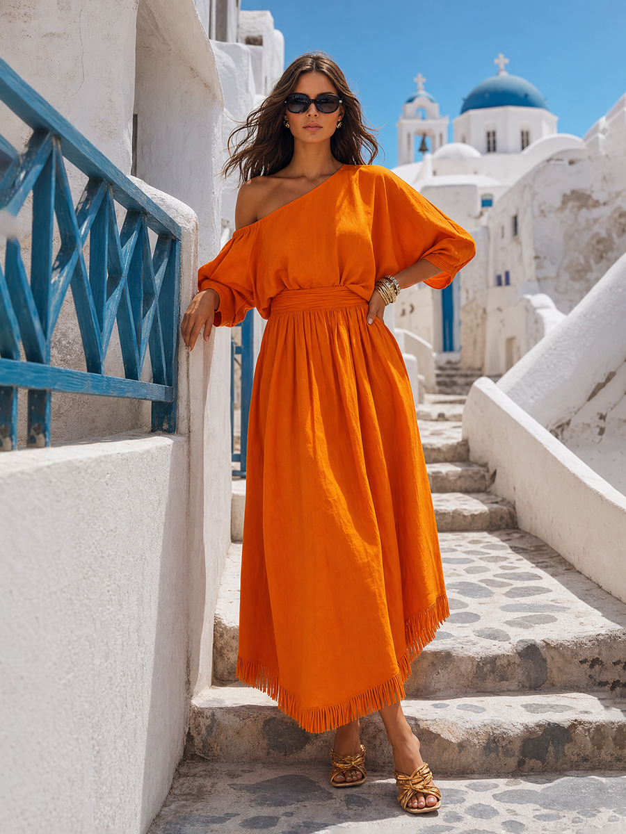 Elegant Vacation-style One-shoulder Cotton And Linen Maxi Dress