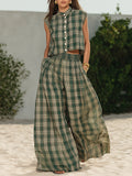 Casual Vacation Green Plaid Chiffon Print Sleeveless Shirt And Wide-leg Pants Set
