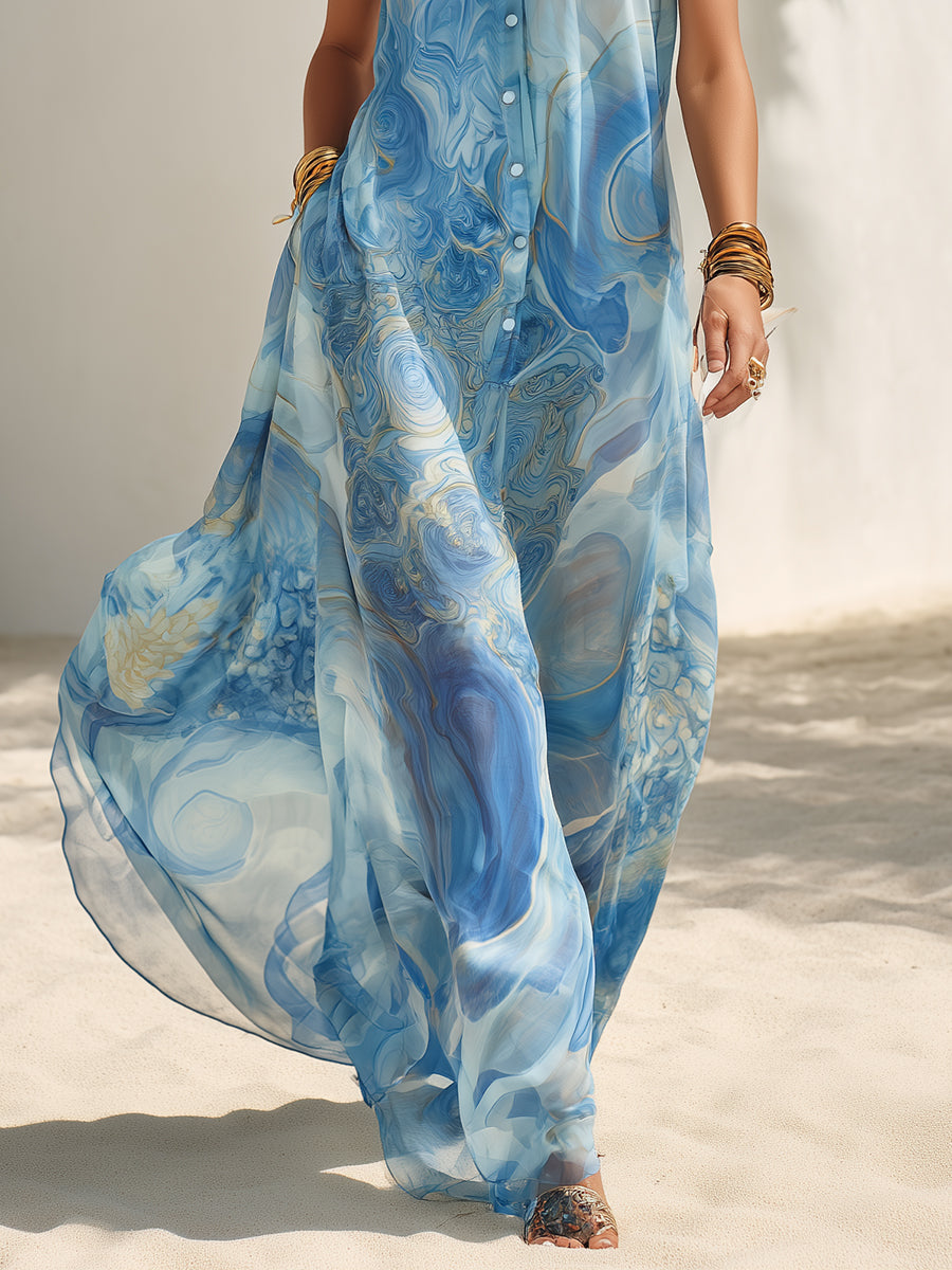 Bohemian Resort Blue Abstract Chiffon Print High-Neck Button Sleeveless Maxi Dress