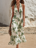 Vacation-Style V-Neck Sleeveless Botanical Print Chiffon Midi Dress