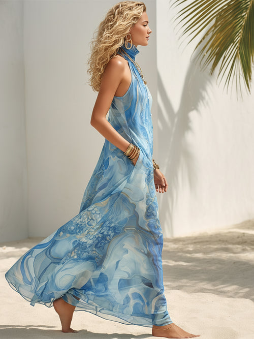 Bohemian Resort Blue Abstract Chiffon Print High-Neck Button Sleeveless Maxi Dress