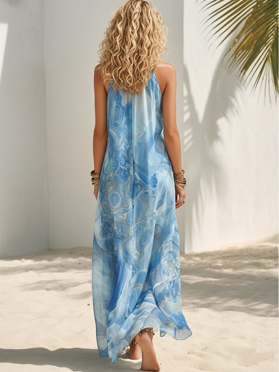 Bohemian Resort Blue Abstract Chiffon Print High-Neck Button Sleeveless Maxi Dress