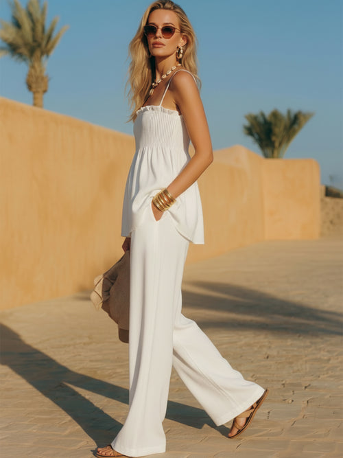 Bohemian Vacation White Cotton Linen Ruffled Suspender Trouser Set