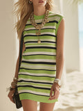 Bohemian Resort Style Green And White And Black Knitted Sleeveless Mini Dress