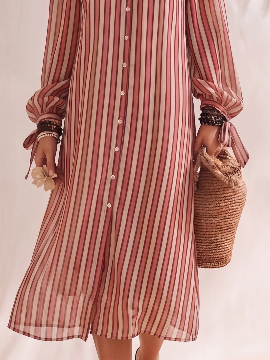 Bohemian Resort Style Off-the-shoulder Button-down Striped Chiffon Print Midi Dress