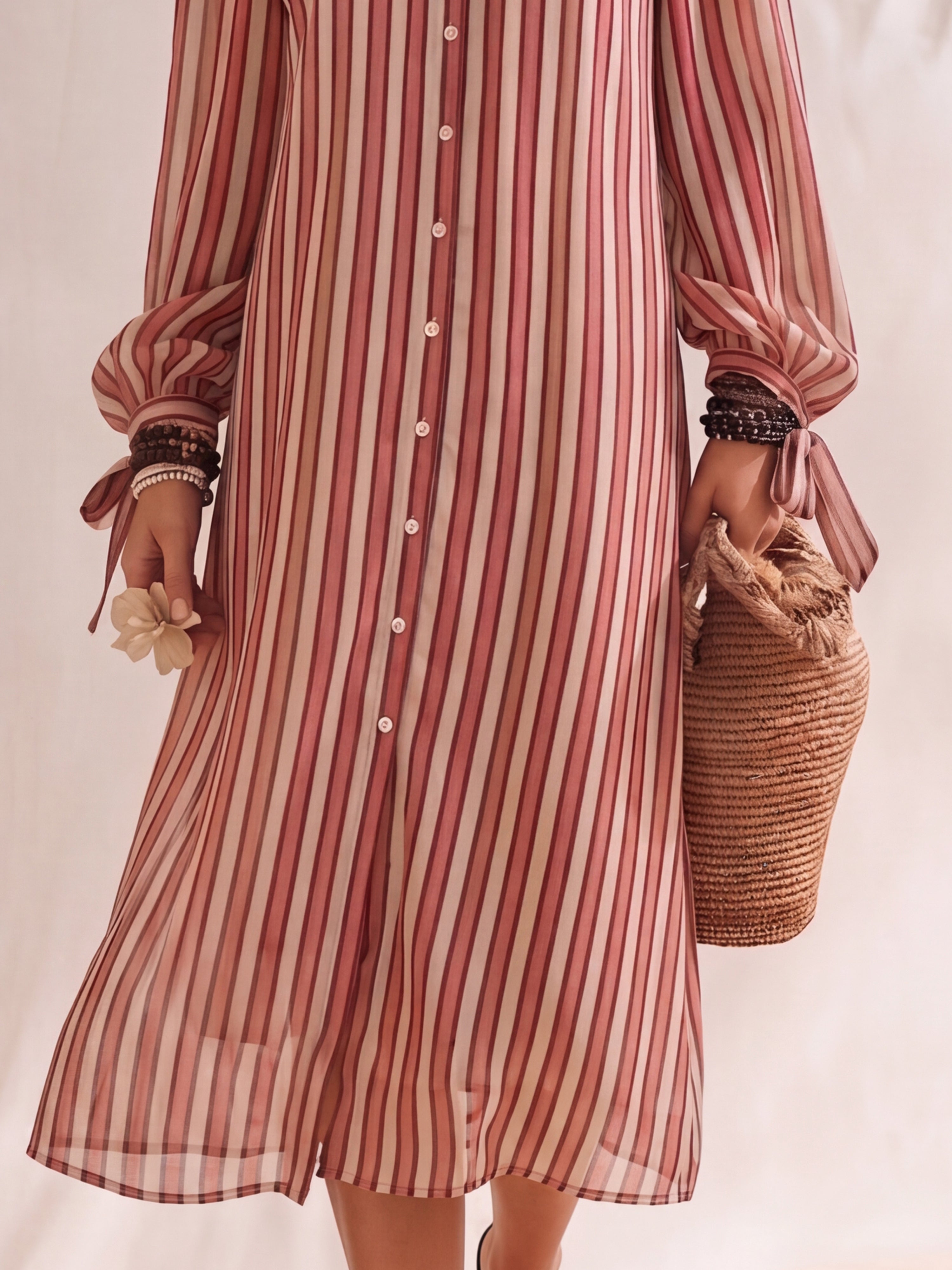 Bohemian Resort Style Off-the-shoulder Button-down Striped Chiffon Print Midi Dress