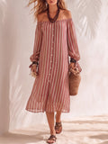 Bohemian Resort Style Off-the-shoulder Button-down Striped Chiffon Print Midi Dress