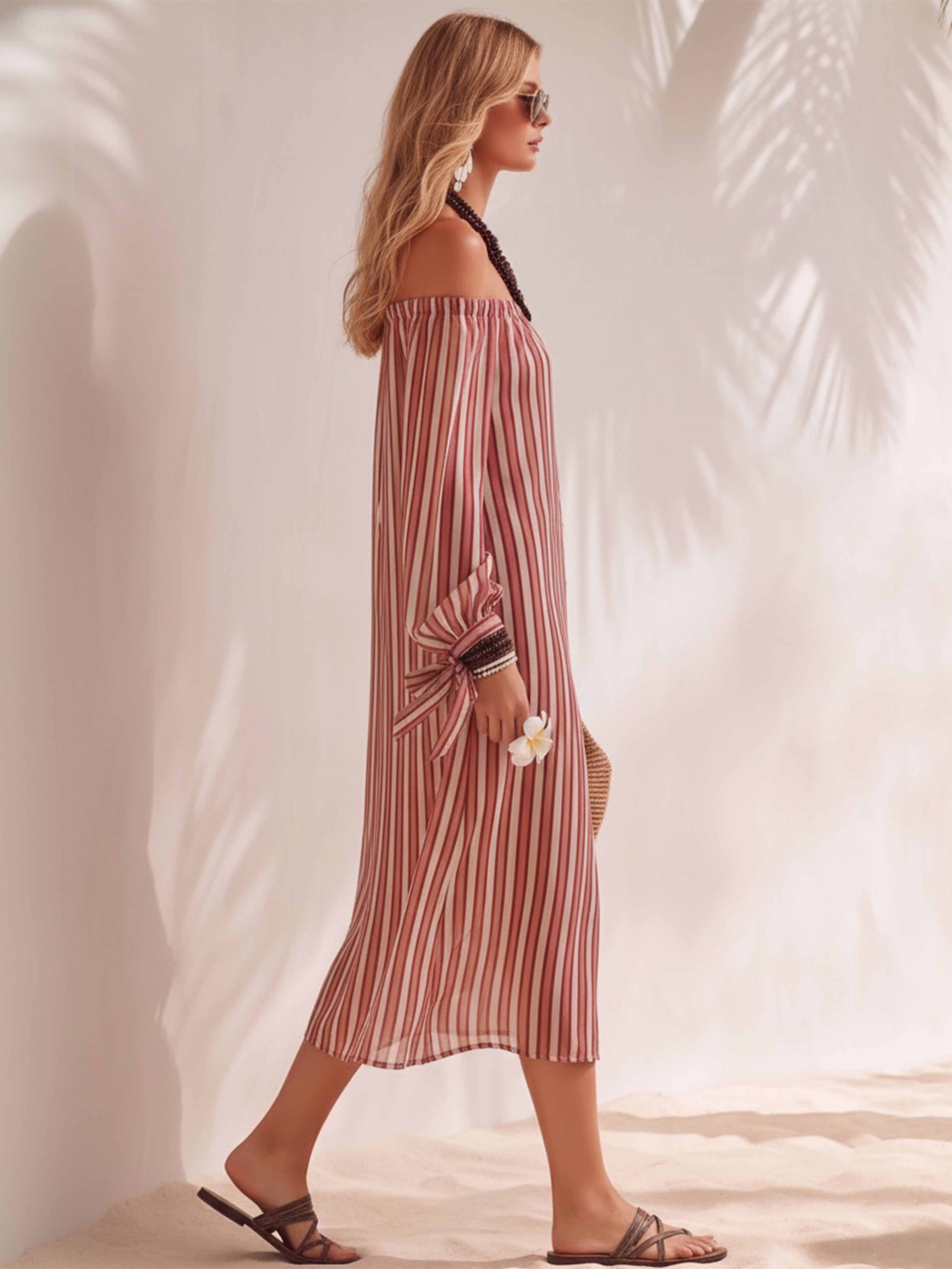 Bohemian Resort Style Off-the-shoulder Button-down Striped Chiffon Print Midi Dress