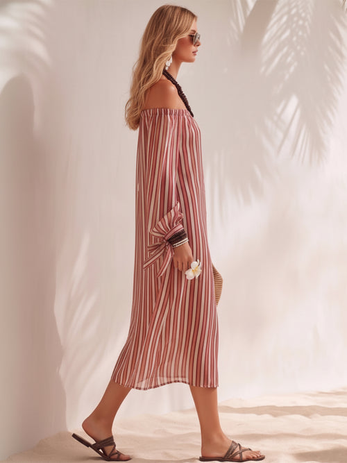 Bohemian Resort Style Off-the-shoulder Button-down Striped Chiffon Print Midi Dress