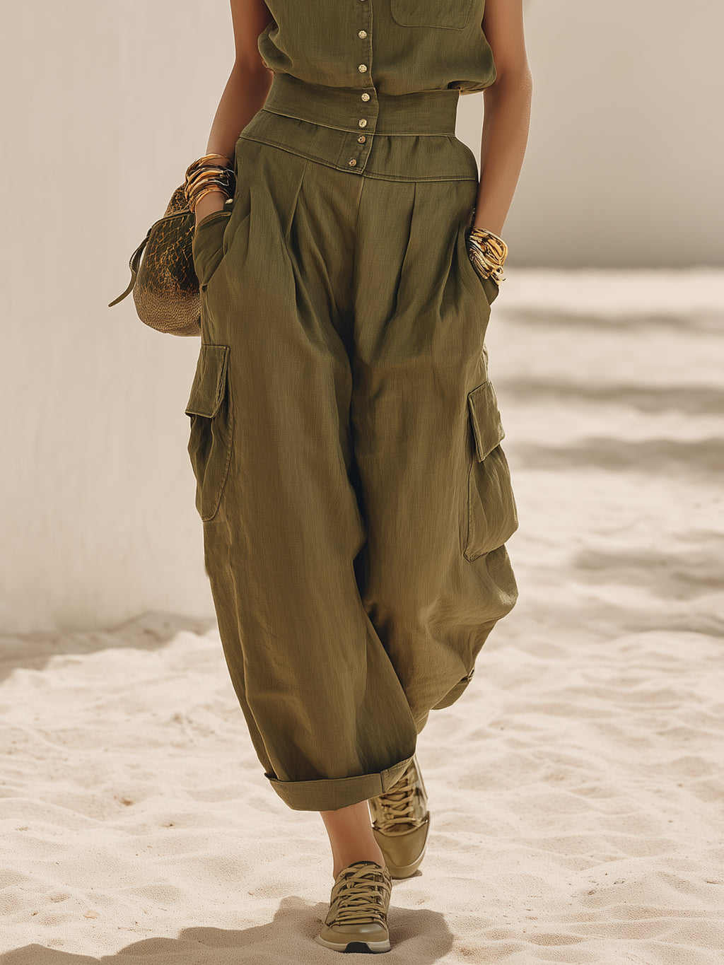 Casual Retro Vacation Olive Green Cotton Linen Short-Sleeve Shirt And Wide-Leg Pants Set