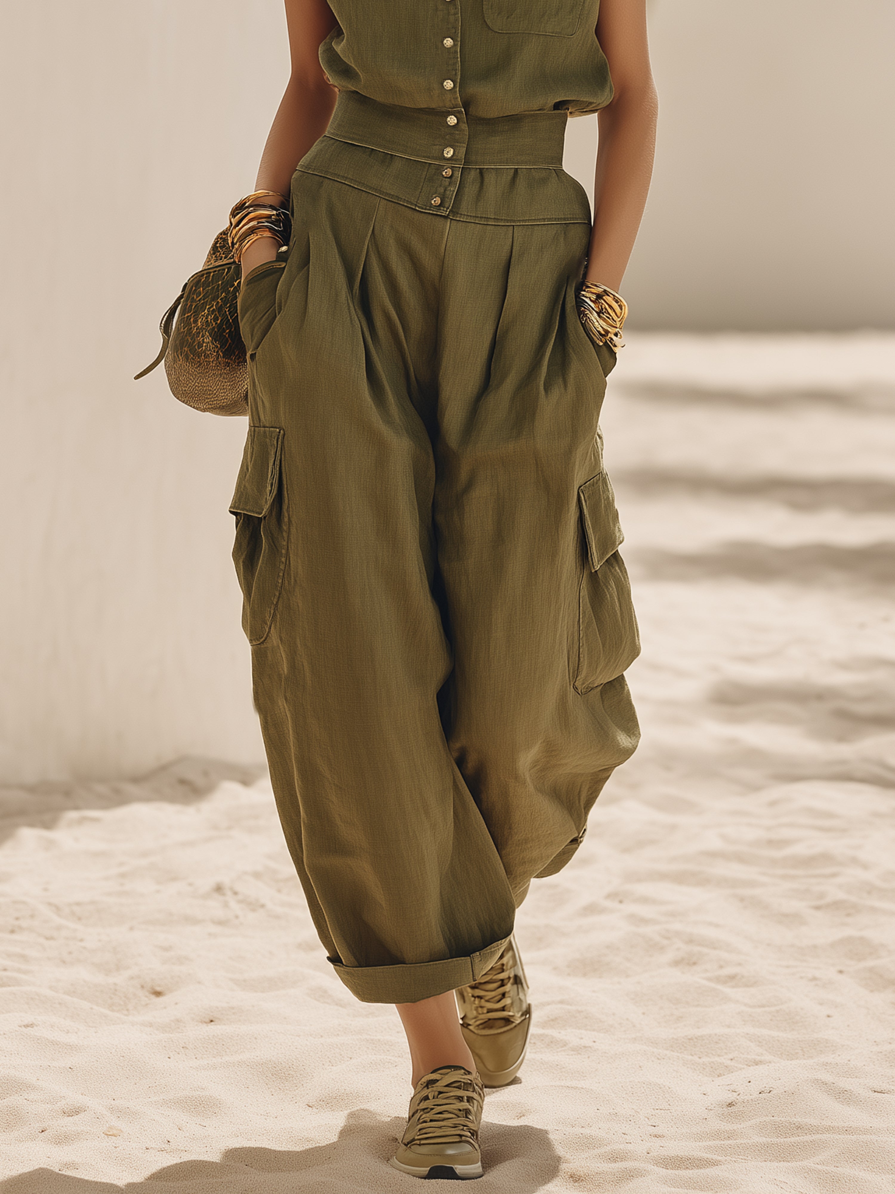 Casual Retro Vacation Olive Green Cotton Linen Short-Sleeve Shirt And Wide-Leg Pants Set