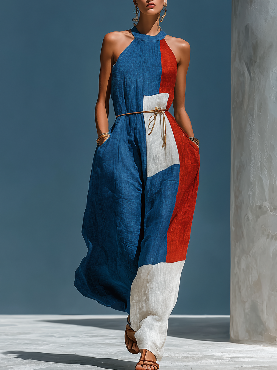 Retro-chic Color-blocked Cotton And Linen Dress