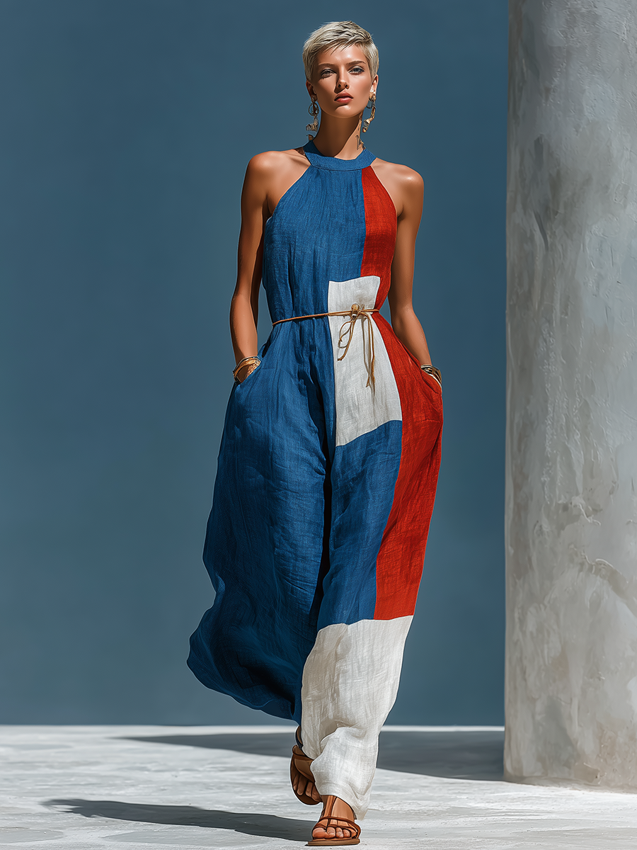 Retro-chic Color-blocked Cotton And Linen Dress
