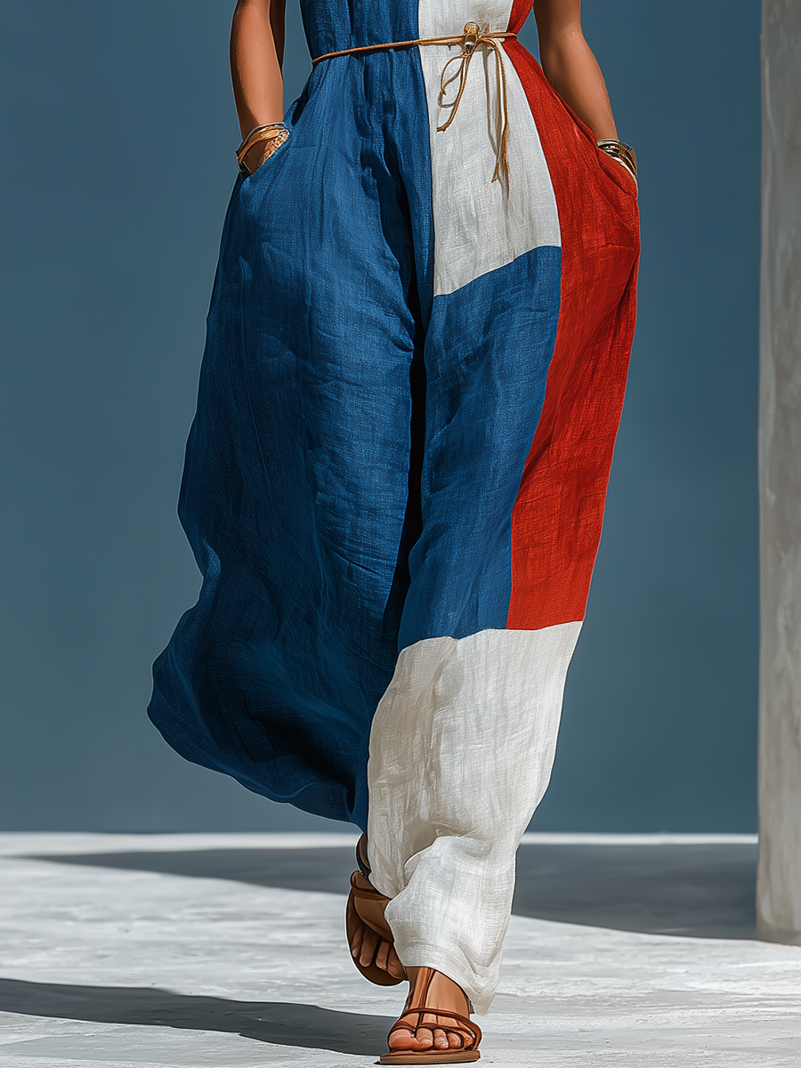 Retro-chic Color-blocked Cotton And Linen Dress