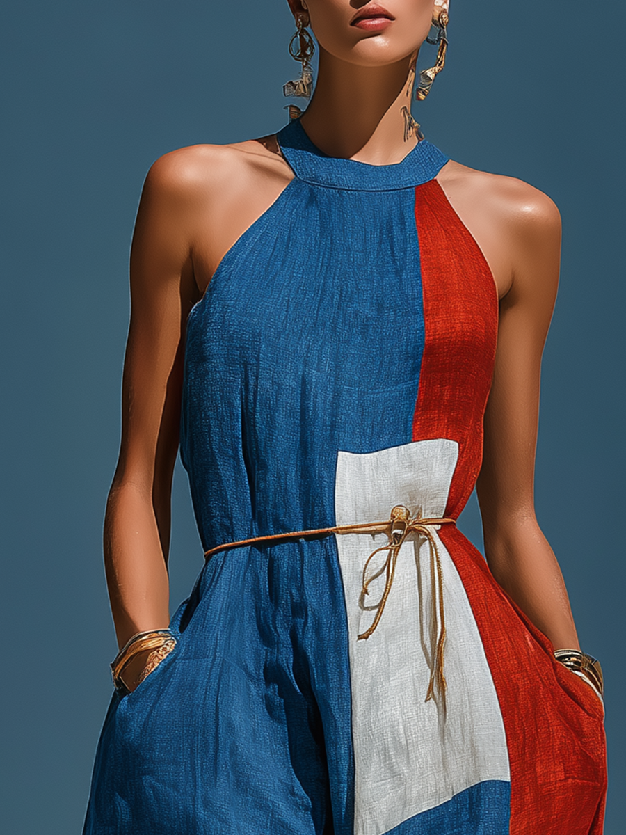 Retro-chic Color-blocked Cotton And Linen Dress
