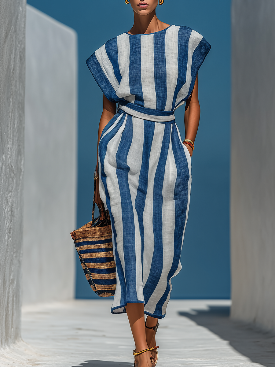 Retro-style Vacation Boat Neck Striped Cotton And Linen Dress