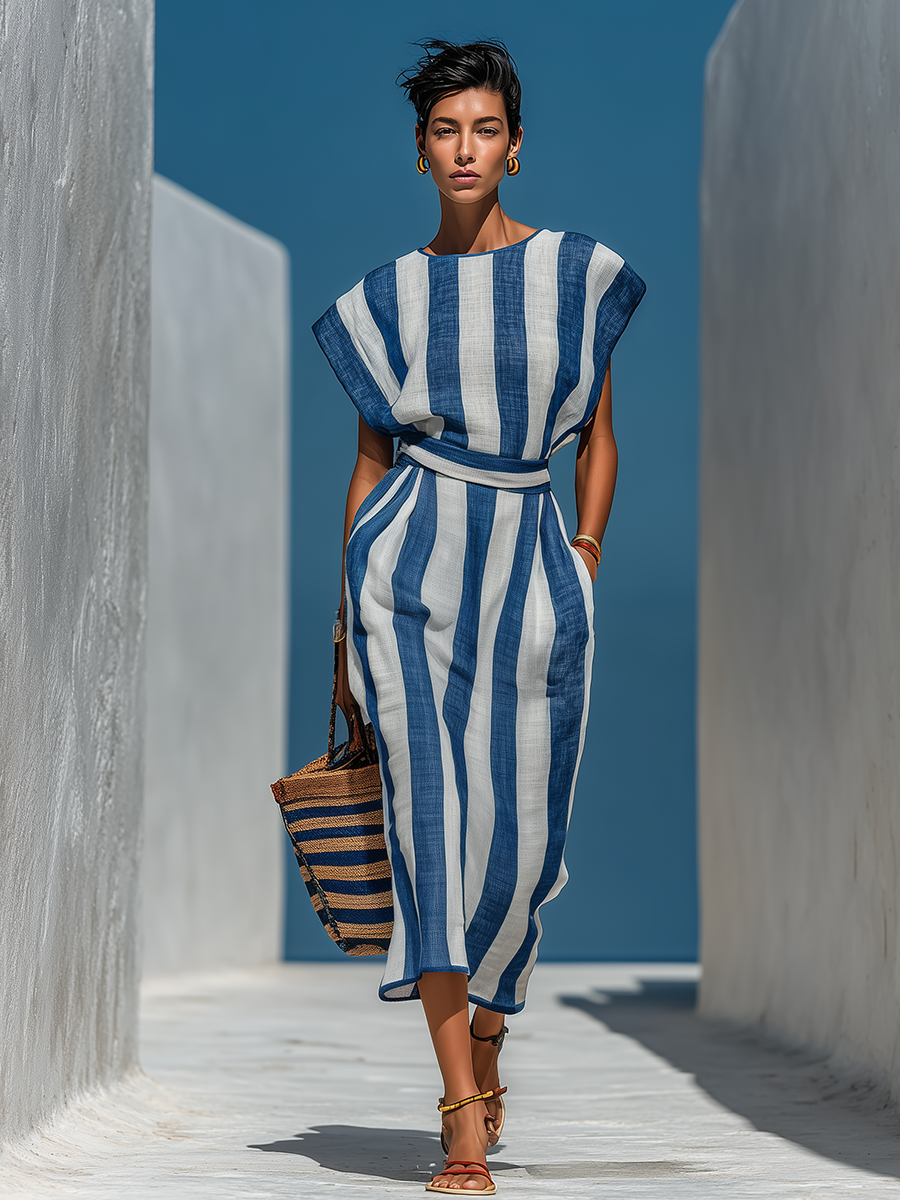 Retro-style Vacation Boat Neck Striped Cotton And Linen Dress