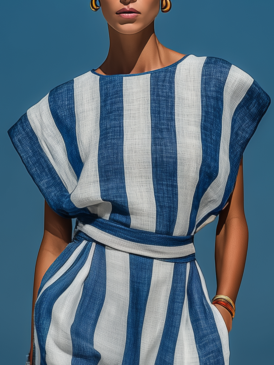 Retro-style Vacation Boat Neck Striped Cotton And Linen Dress