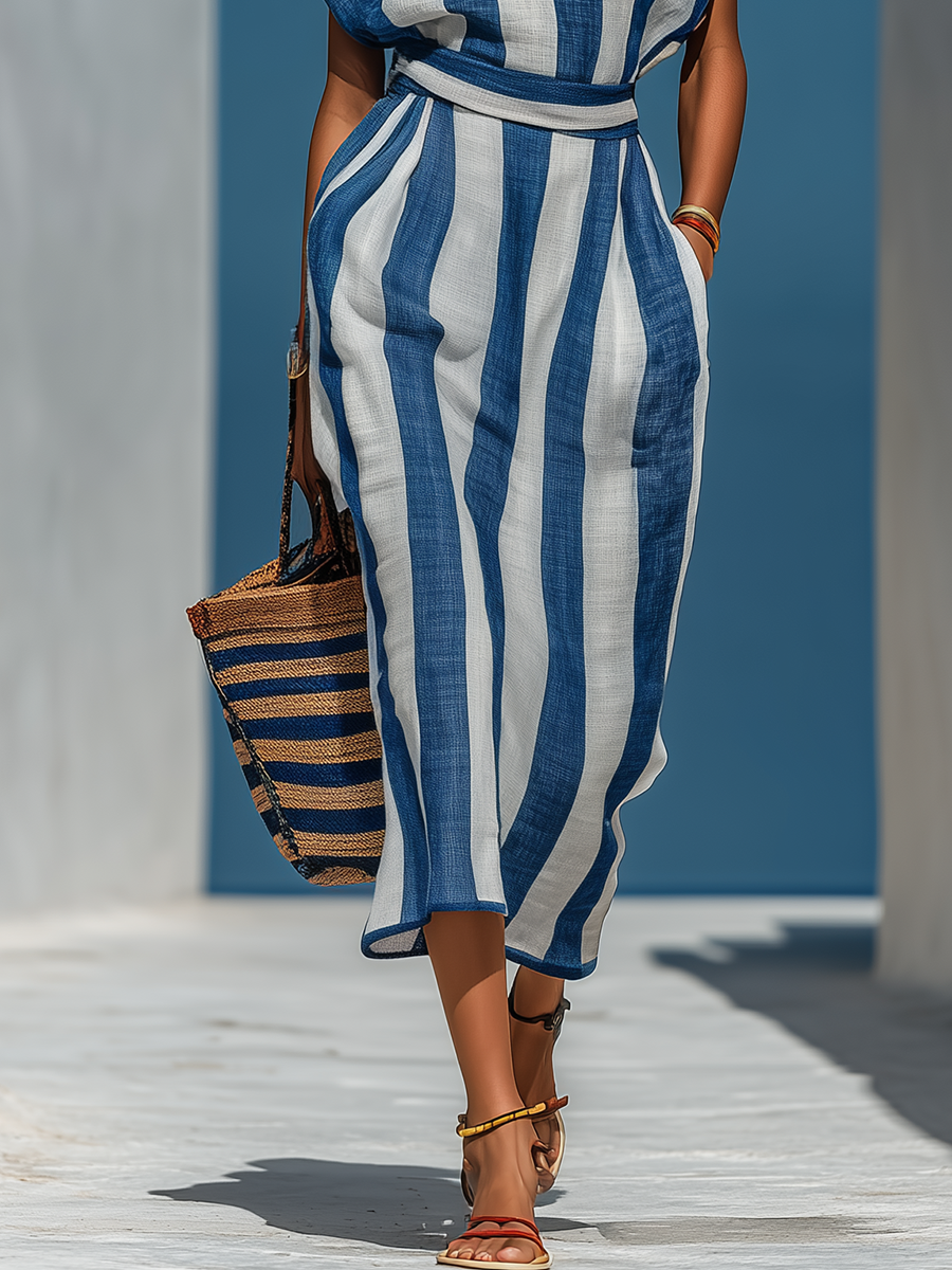 Retro-style Vacation Boat Neck Striped Cotton And Linen Dress