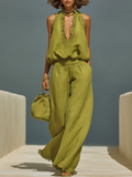 Elegant Vacation Lace-trimmed Halter Top And Wide-leg Pants Set
