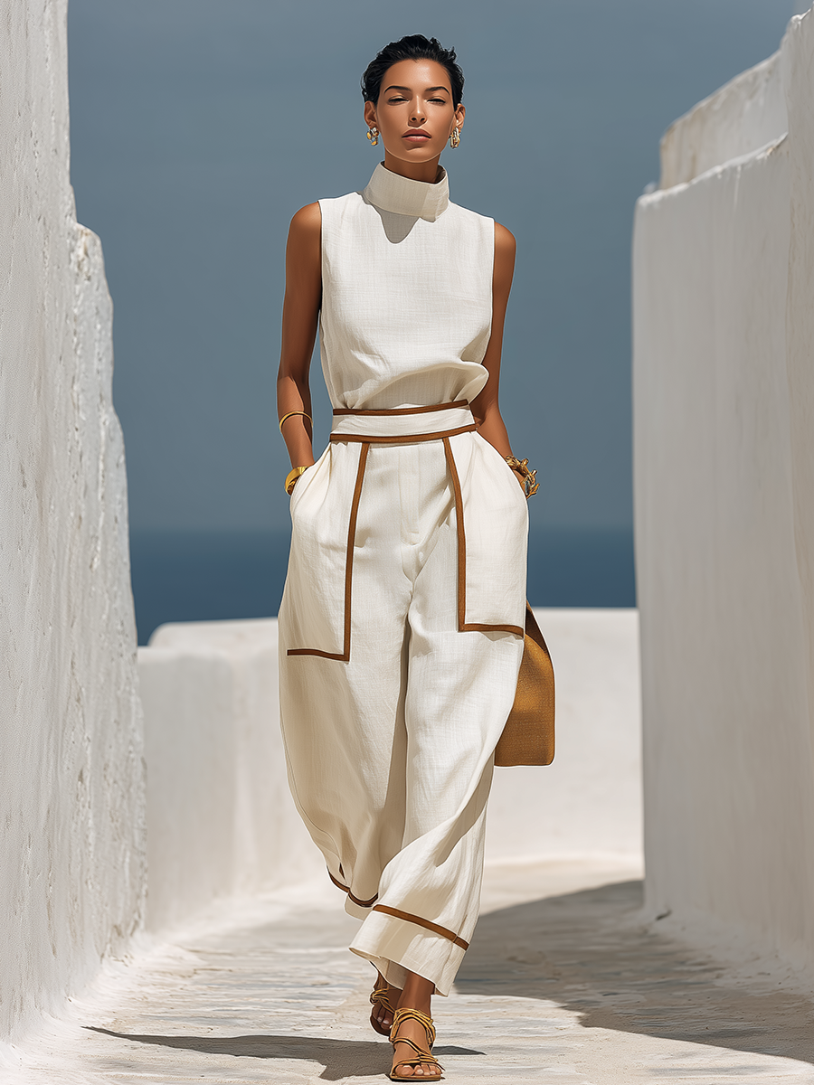 Minimalist Retro Turtleneck Top And Color-blocked Wide-leg Set