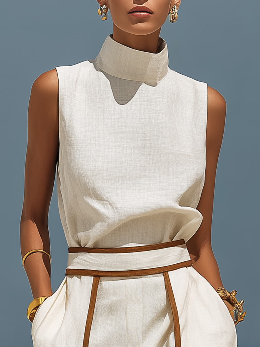 Minimalist Retro Turtleneck Top And Color-blocked Wide-leg Set