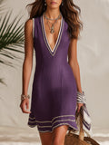 Simplicity Casual Sleeveless V-Neck Purple Linen-Blend Embroidered Mini Dress