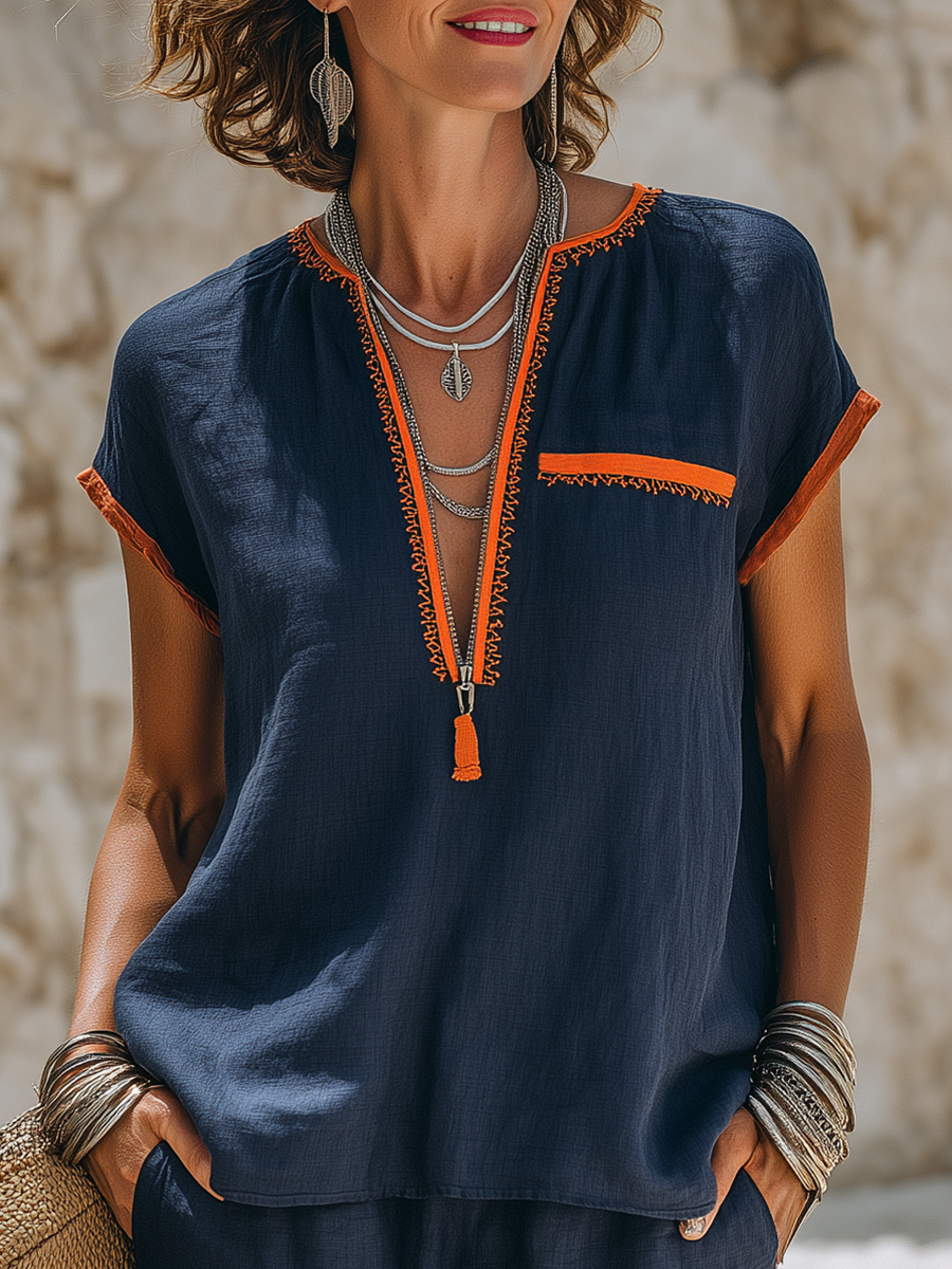 Retro Vacation Short-Sleeve Top And Shorts With Contrast Trim Cotton-Linen Set