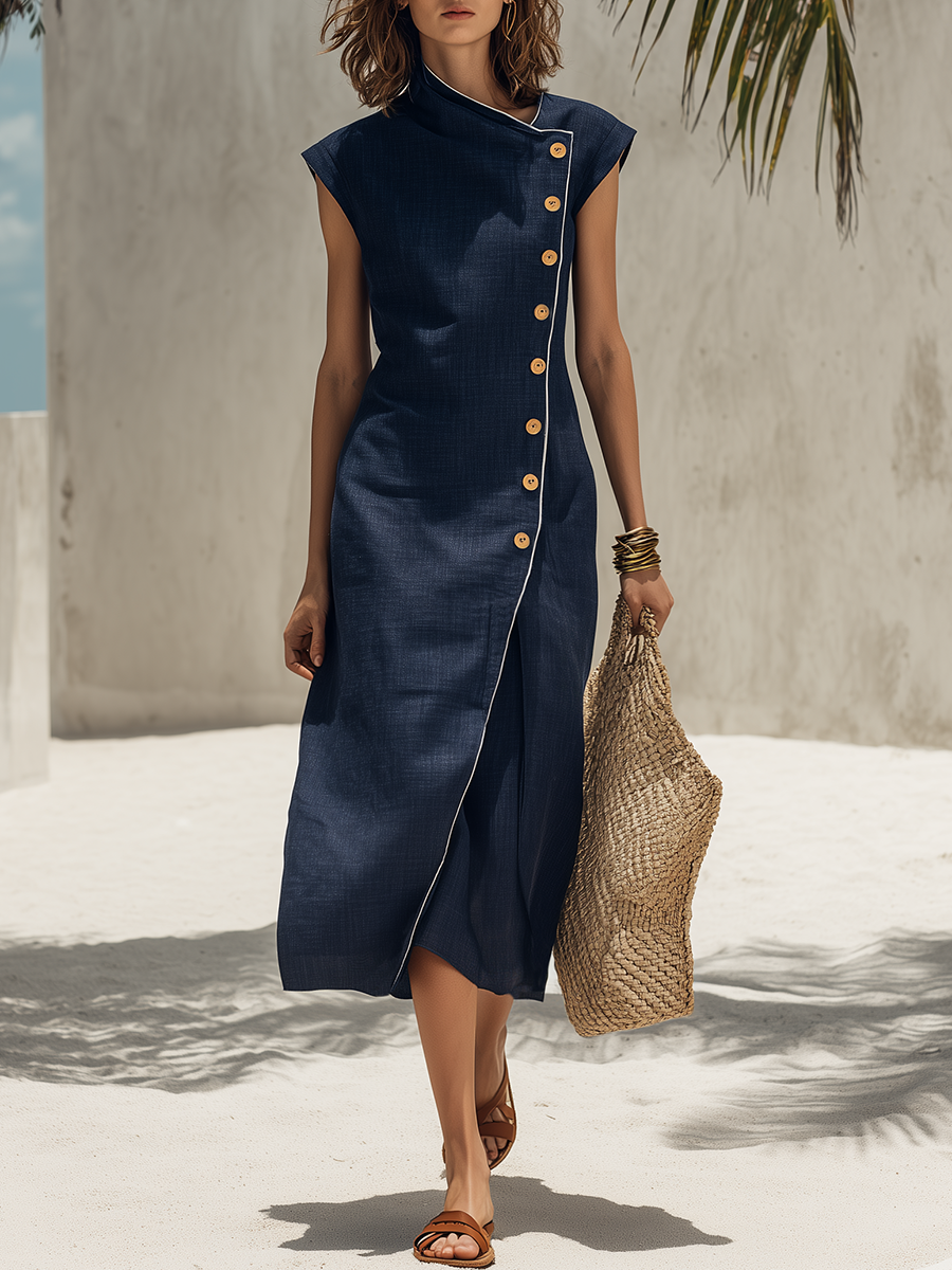 Chic Vacation Sleeveless Asymmetrical Placket Cotton-Linen Midi Dress
