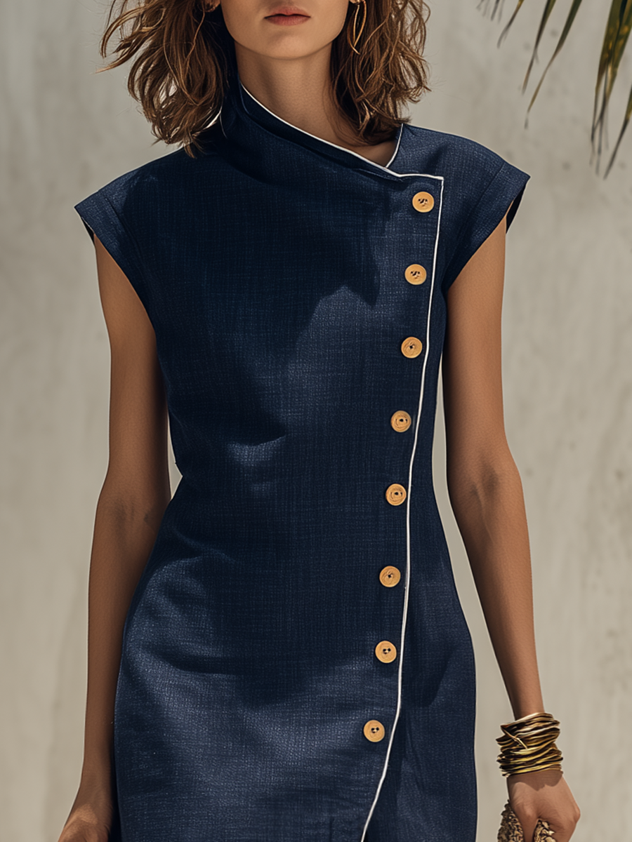 Chic Vacation Sleeveless Asymmetrical Placket Cotton-Linen Midi Dress