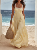 Resort Style Lace Trim Spaghetti Strap Tiered Ruffle Linen Blend Maxi Dress