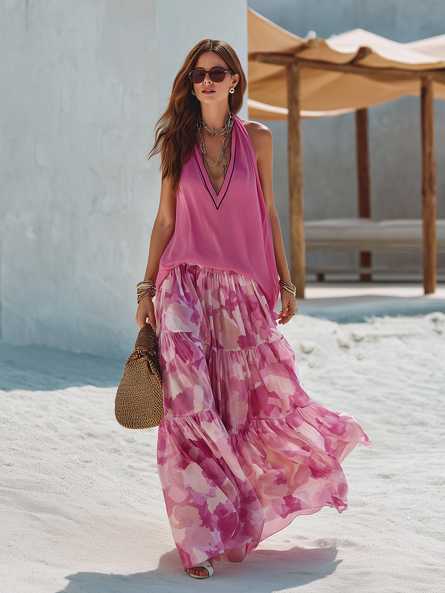 Romantic Vacation V-Neck Sleeveless Top And Printed Tiered Skirt Chiffon Set