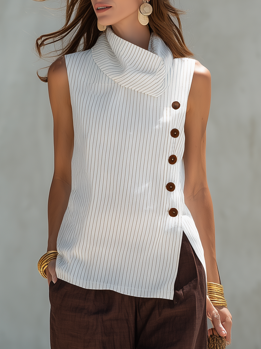 Resort-style Striped Sleeveless Shirt And Wide-leg Trousers Tencel Set