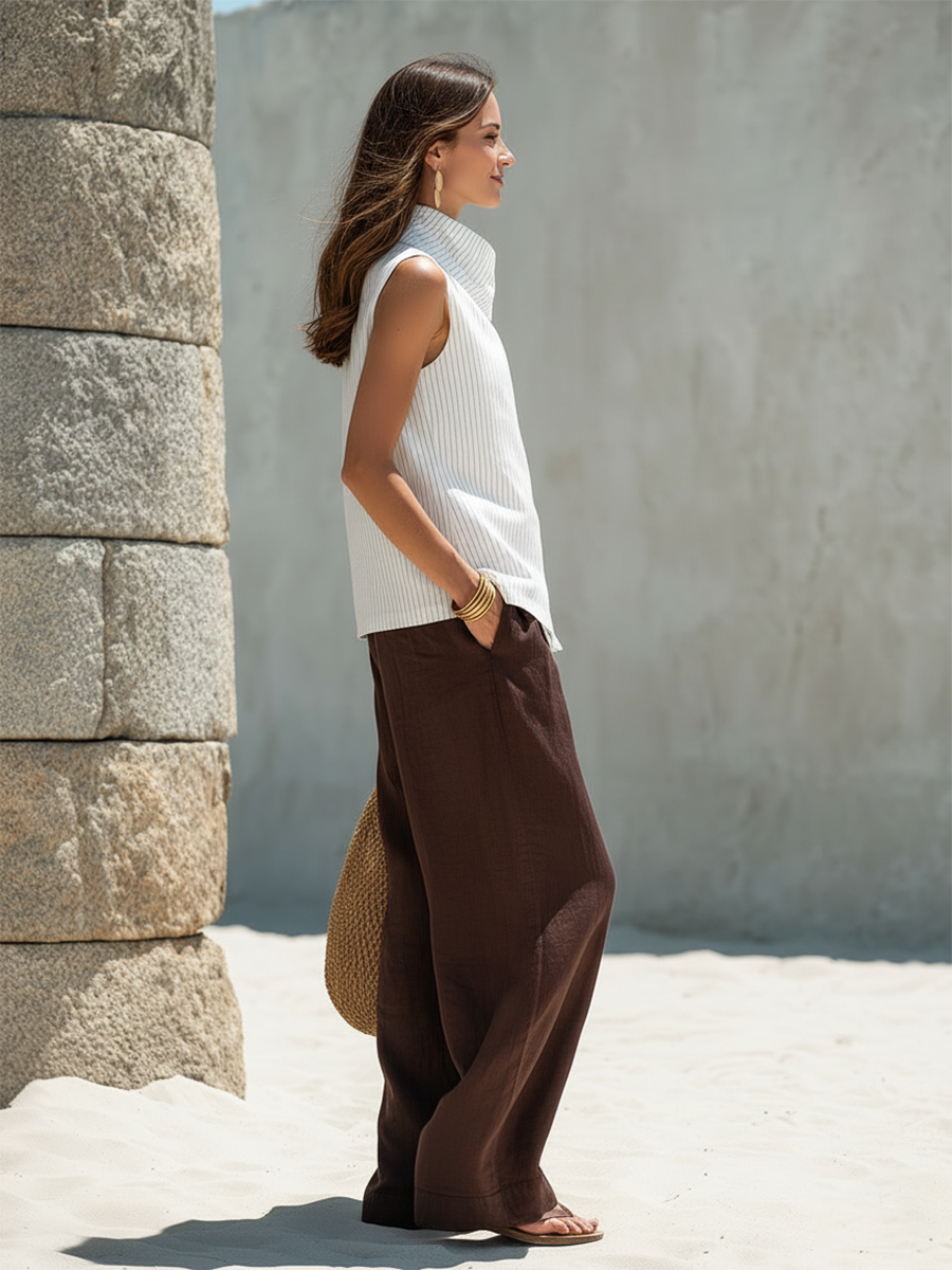 Resort-style Striped Sleeveless Shirt And Wide-leg Trousers Tencel Set