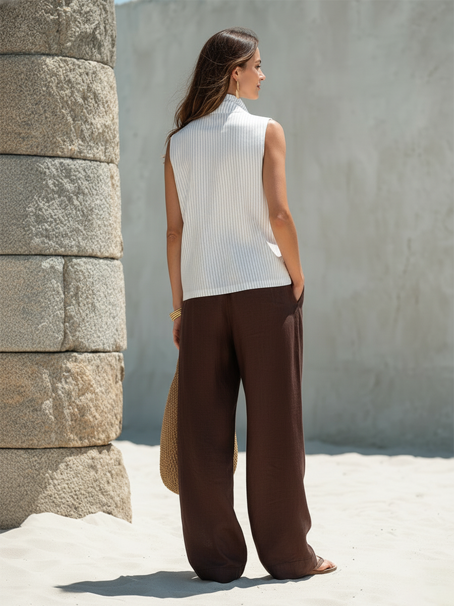 Resort-style Striped Sleeveless Shirt And Wide-leg Trousers Tencel Set